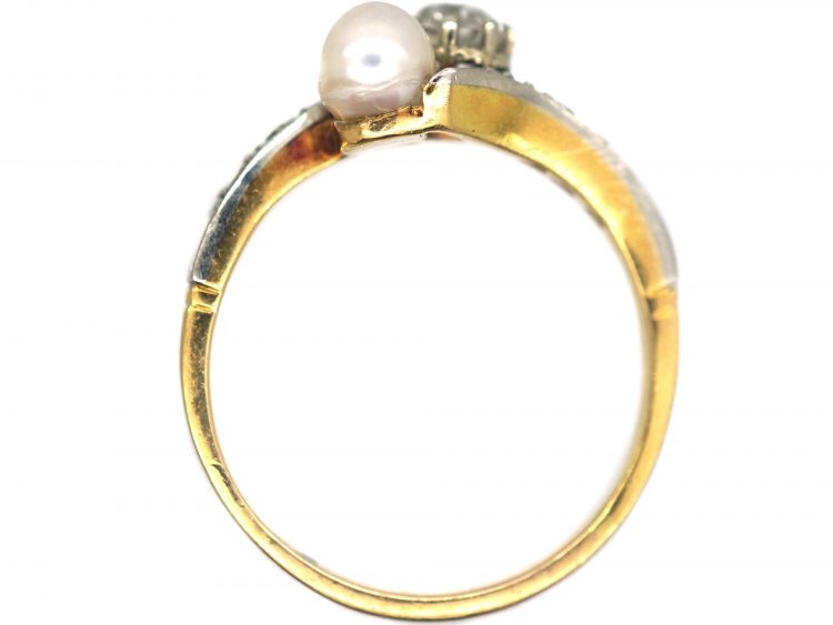 Edwardian 18ct Gold & Platinum Crossover Ring set with a Natural Pearl & a Diamond