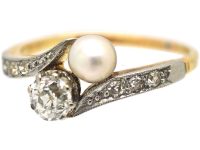 Edwardian 18ct Gold & Platinum Crossover Ring set with a Natural Pearl & a Diamond