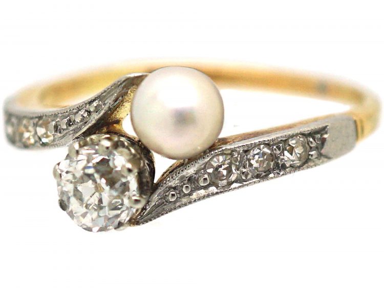 Edwardian 18ct Gold & Platinum Crossover Ring set with a Natural Pearl & a Diamond