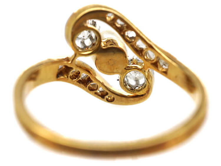 Art Nouveau 18ct Gold & Platinum, Diamond & Natural Pearl Crossover Ring