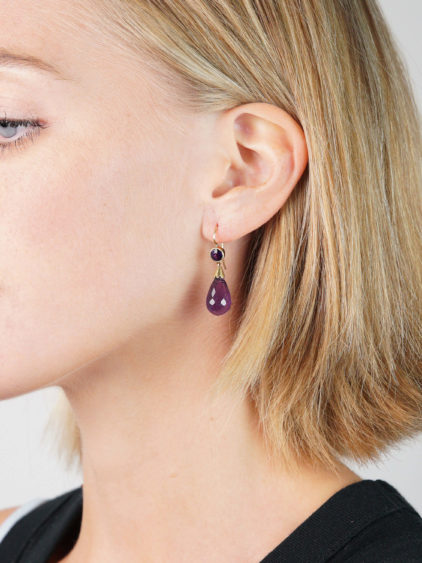 Edwardian 15ct Gold & Amethyst Pear Shaped Drop Earrings