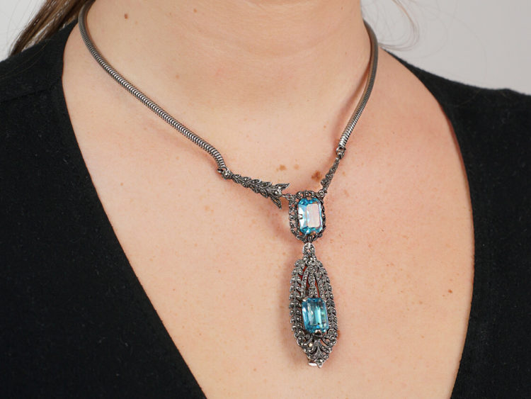 Silver, Marcasite & Blue Paste Clip Pendant on Necklace