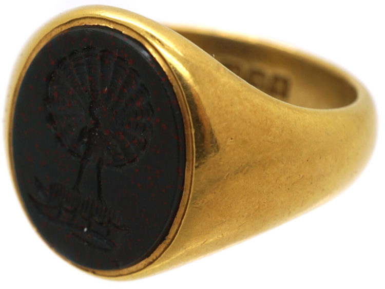 Victorian 18ct Gold Signet Ring with Bloodstone Intaglio of Peacock