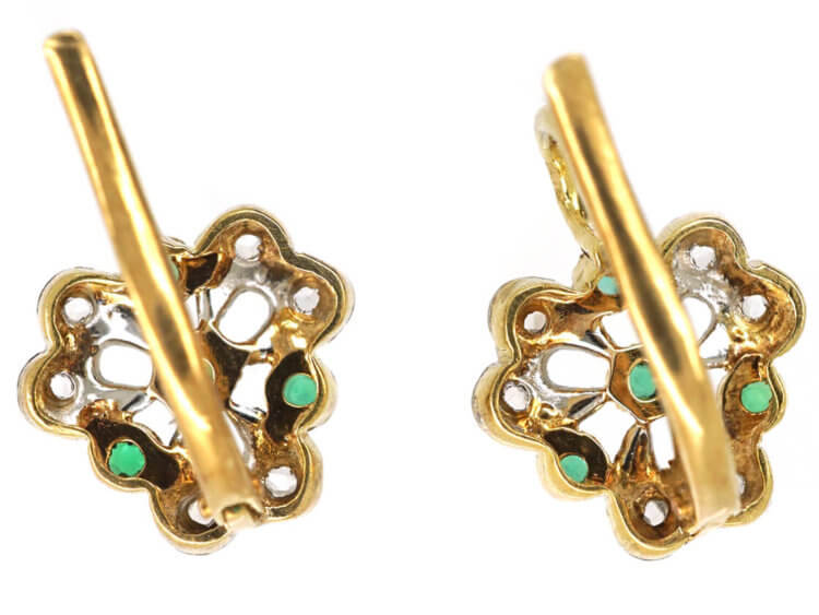 French 18ct Gold Emerald & Diamond Trefoil Earrings