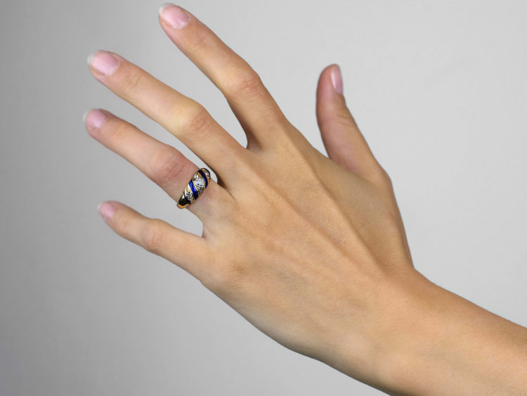 Early Victorian Royal Blue Enamel & Diamond 18ct Gold Ring