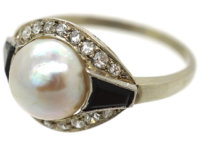 Art Deco 18ct White Gold, Onyx, Pearl & Diamond Ring