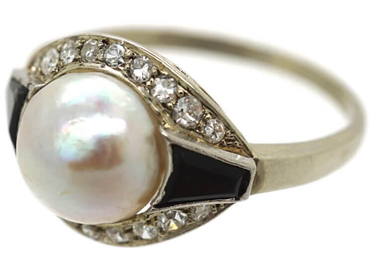 Art Deco 18ct White Gold, Onyx, Pearl & Diamond Ring