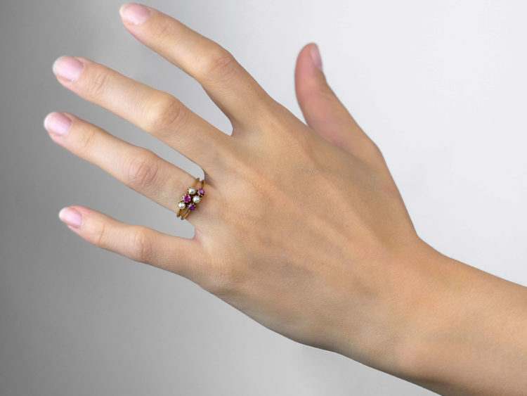 Edwardian 18ct Gold Two Row Ruby & Natural Pearl Ring