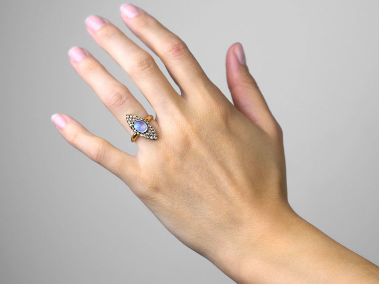 Edwardian 18ct Gold Marquise Shaped Diamond & Moonstone Ring