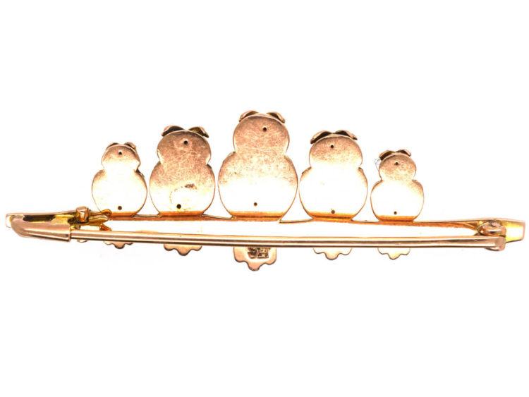 Edwardian 9ct Two Colour Gold Brooch of a Little Owl Family
