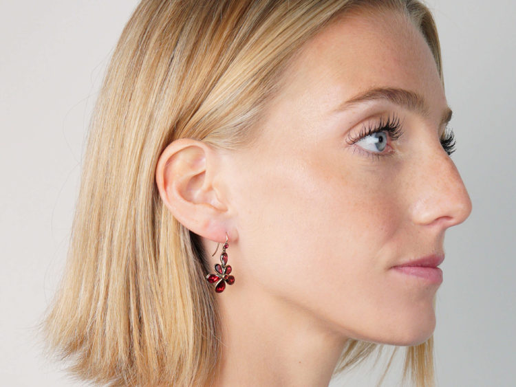 Edwardian Gold & Flat Cut Garnet Pansy Earrings