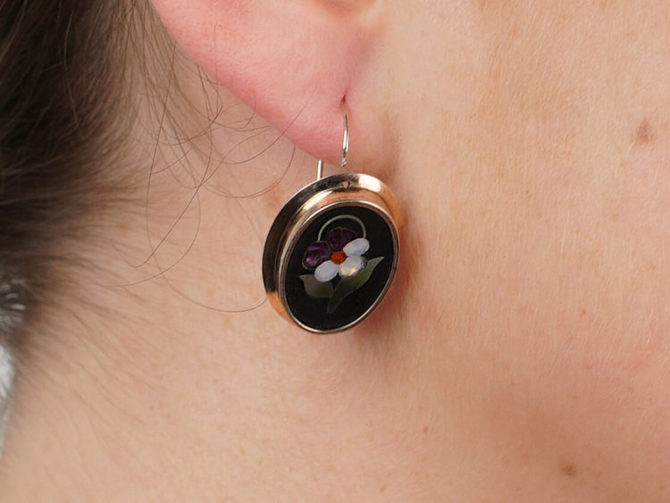 Victorian 9ct Gold & Pietra Dura Flower Earrings