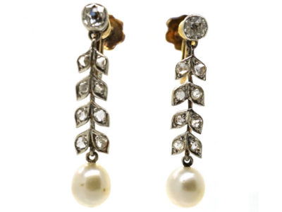 Edwardian 15ct Gold & Platinum, Diamond & Pearl Drop Earrings