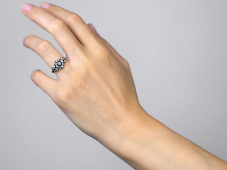 Victorian Diamond Cluster Ring with Diamond Set Leaf Shoulders