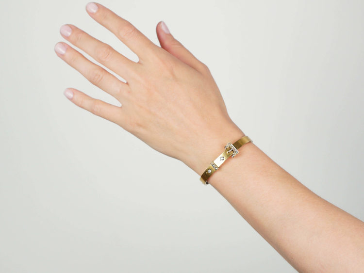 Edwardian 15ct Gold Buckle Bangle set with Diamonds & Natural Split Pearls