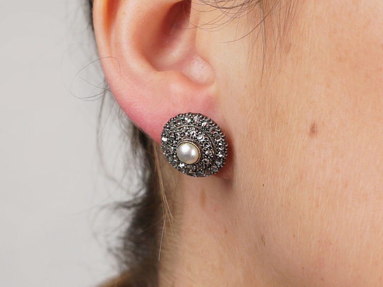 Victorian Rose Diamond & Natural Split Pearl Round Earrings