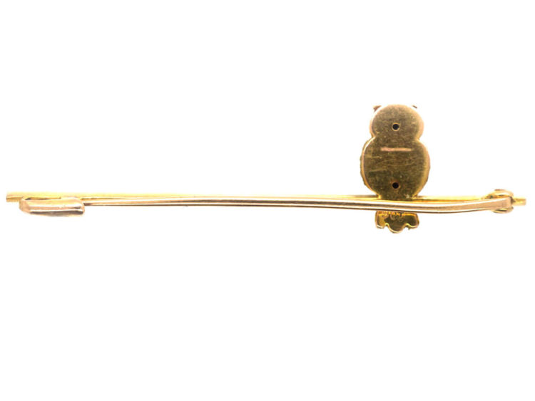 Edwardian 9ct Two Colour Gold Owl on a Bar