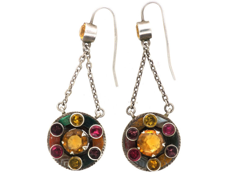 Victorian Scottish Silver, Citrine, Garnet & Agate Drop Earrings