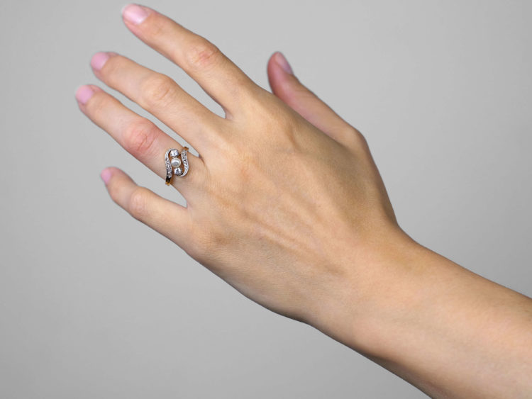 Art Nouveau 18ct Gold & Platinum, Diamond & Natural Pearl Crossover Ring