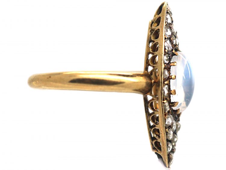 Edwardian 18ct Gold Marquise Shaped Diamond & Moonstone Ring