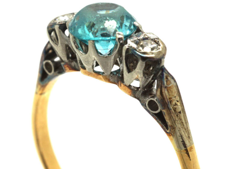 Art Deco 18ct Gold Blue Zircon & Diamond Ring