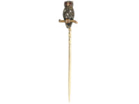 Edwardian Owl Tie Pin set with Rose Diamonds & Cabochon Rubies