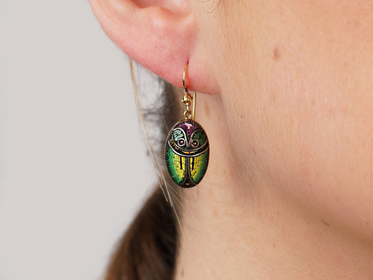 Victorian 15ct Gold & Micro Mosaic Scarab Earrings