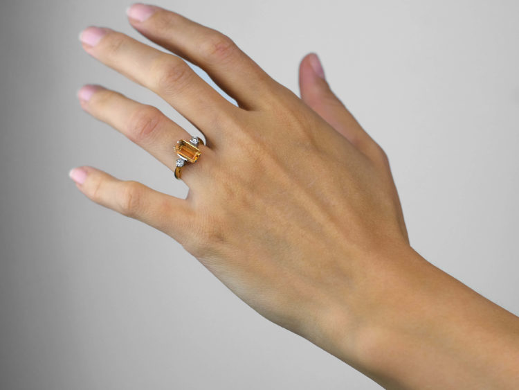 18ct Gold, Rectangular Topaz & Diamond Ring