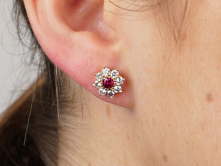 18ct Gold Ruby & Diamond Cluster Earrings