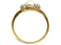 Art Nouveau 18ct Gold & Platinum, Diamond & Natural Pearl Crossover Ring