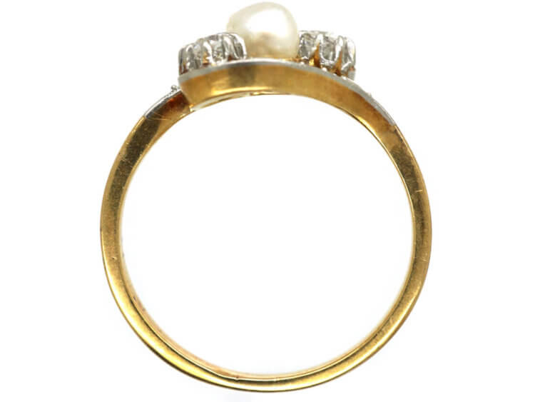 Art Nouveau 18ct Gold & Platinum, Diamond & Natural Pearl Crossover Ring