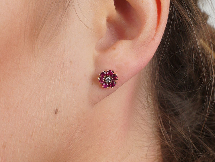 18ct Gold, Ruby & Diamond Cluster Earrings
