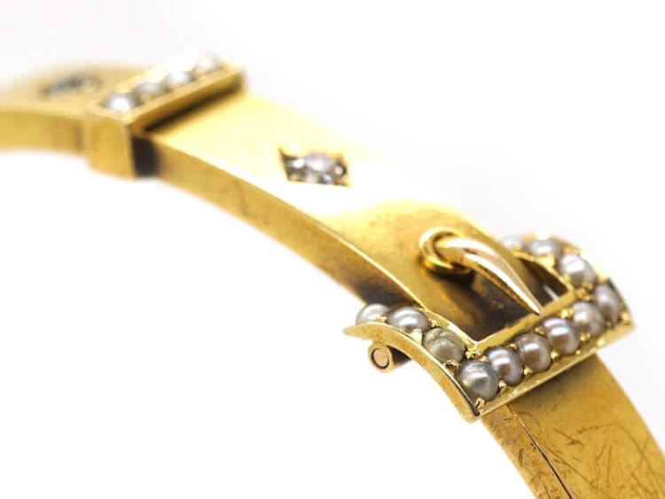 Edwardian 15ct Gold Buckle Bangle set with Diamonds & Natural Split Pearls