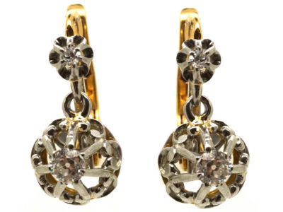 French 18ct Gold Two Stone Diamond Drop Earrings