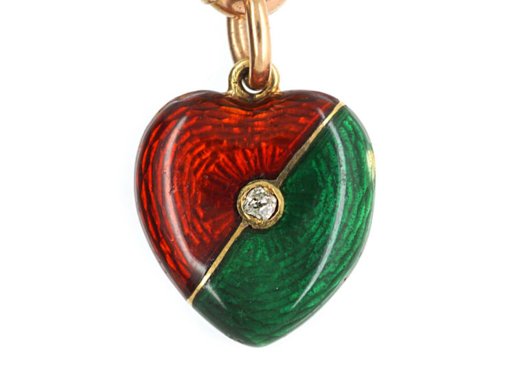 Edwardian 15ct Gold, Green & Red Enamel Heart Locket set with a Diamond on matching 15ct Gold Green & Red Enamel Chain