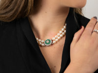 Cultured Pearl Double Strand Necklace With Emerald & Diamond Clasp