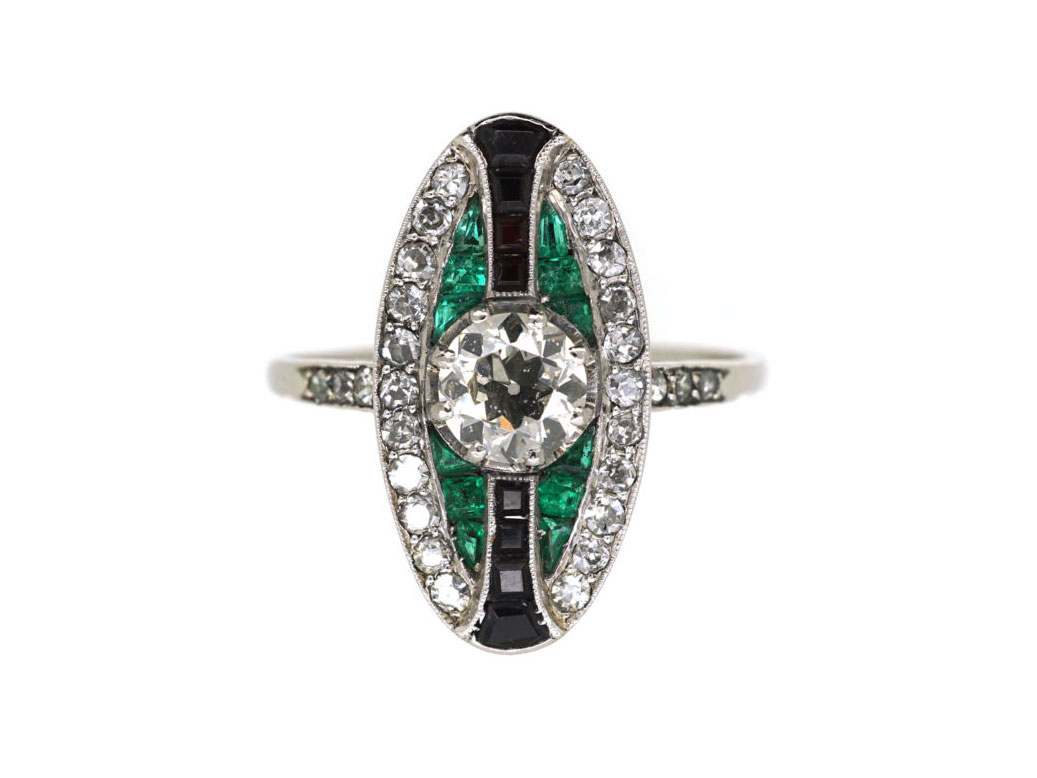 Art Deco Platinum, Emerald, Onyx & Diamond Oval Ring