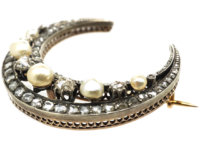 Victorian 15ct Gold Natural Pearl & Rose Diamond Crescent Brooch
