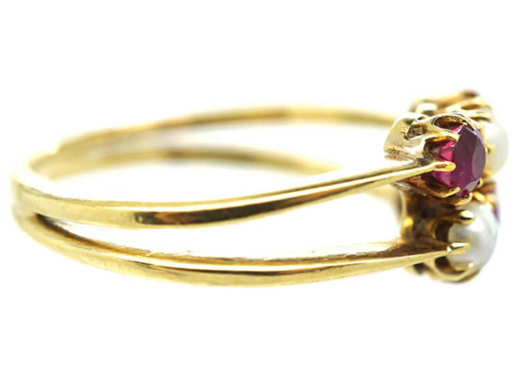 Edwardian 18ct Gold Two Row Ruby & Natural Pearl Ring