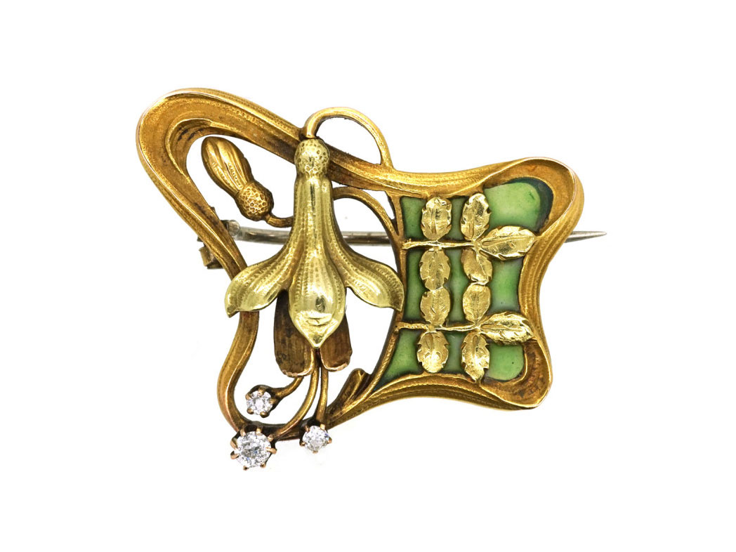 French 18ct Two Colour Gold Art Nouveau Plique a Jour & Diamond Fuchsia Brooch
