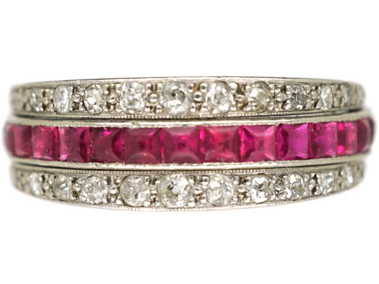 Art Deco Platinum, Ruby, Sapphire ​& Diamond Flipover Night and Day Ring