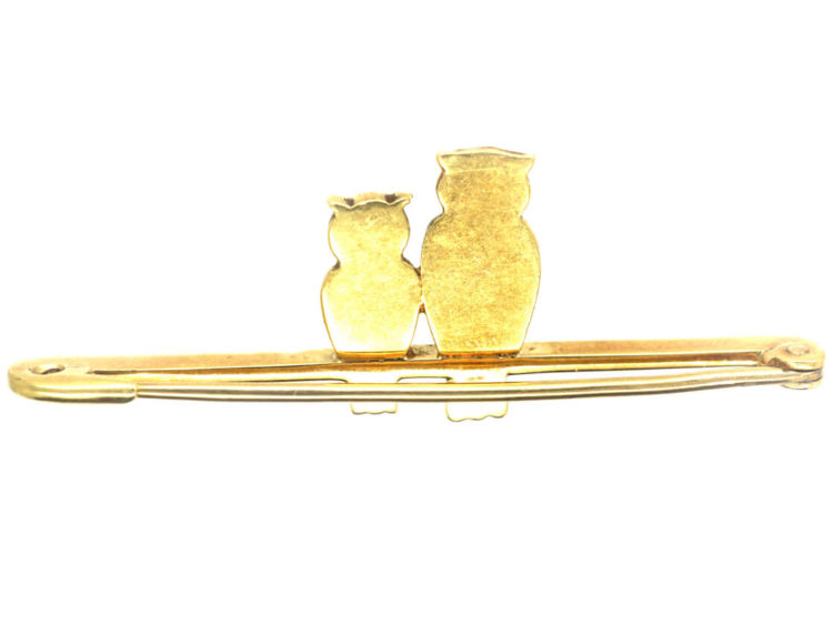 Edwardian 15ct Gold, Enamel & Pearl Mother & Baby Owl Brooch