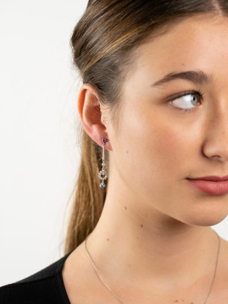 Art Deco Diamond & Sapphire Drop Earrings in Original Case