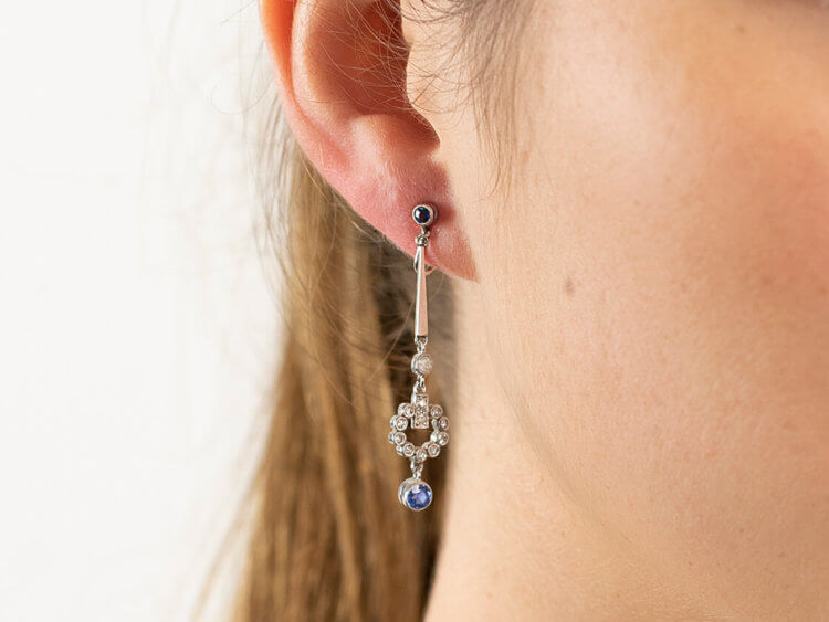 Art Deco Diamond & Sapphire Drop Earrings in Original Case