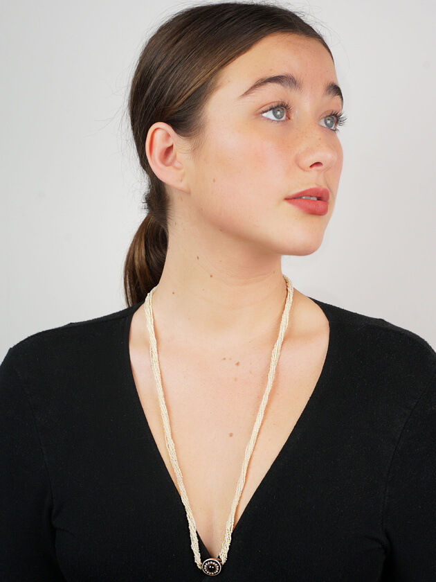 Georgian Seven Strand Seed Pearl Necklace with Gold & Cabochon Garnet Clasp