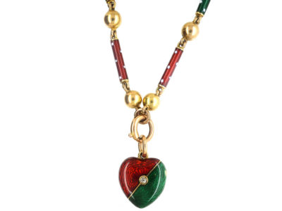 Edwardian 15ct Gold, Green & Red Enamel Heart Locket set with a Diamond on matching 15ct Gold Green & Red Enamel Chain