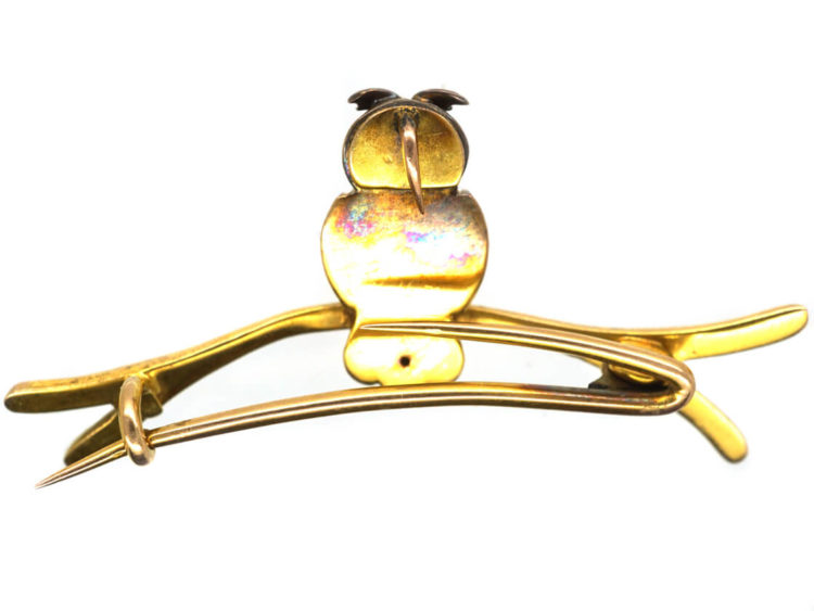 Edwardian 15ct Gold Pearly Owl Brooch