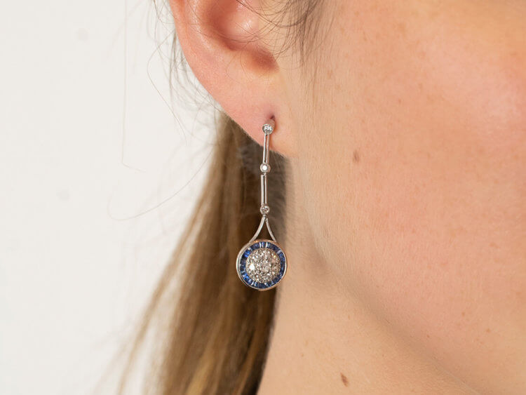 Art Deco Platinum, Sapphire & Diamond Target Design Drop Earrings