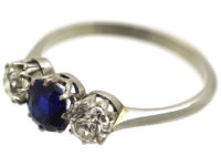 Art Deco 18ct White Gold and Platinum, Sapphire & Diamond Three Stone Ring