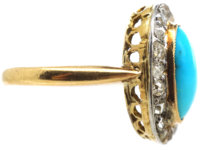 Edwardian 18ct Gold, Turquoise & Diamond Oval Cluster Ring